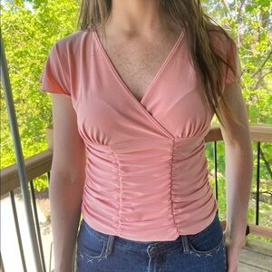 Vintage Y2K peach ruched stretchy shortsleeved top